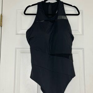 Black One Piece Swimsuit Mesh Insets Zipper Back Sleeveless